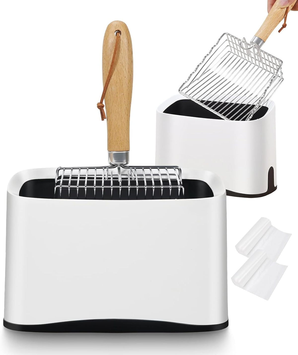 Metal Cat Litter Scoop with Holder, Poop Scooper with Stand&2 Rolls of Garbage Bag, Heavy Duty