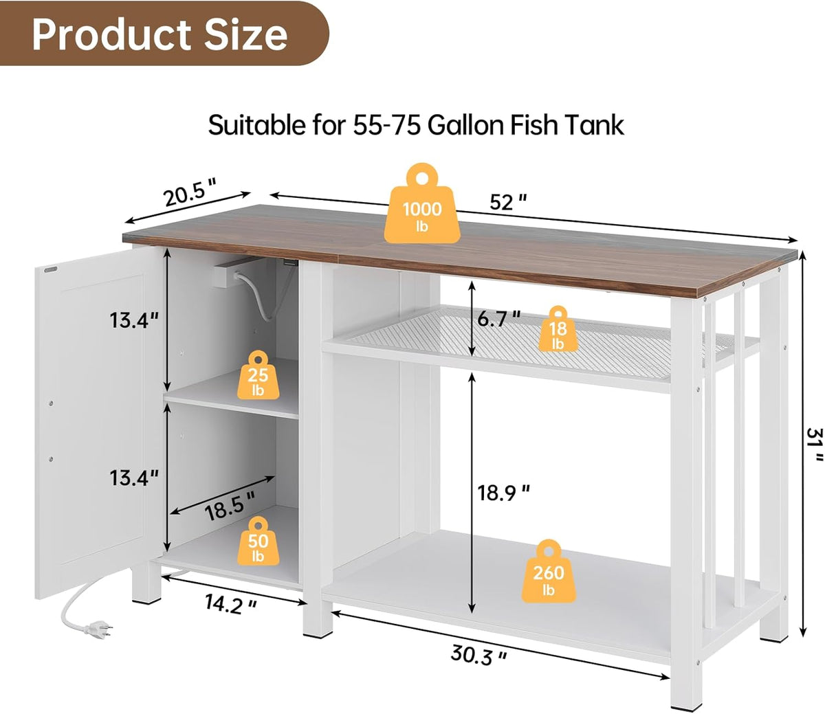55-75 Gallon Fish Tank Stand with Power Outlet & Adjustable Shelf, Heavy Duty Aquarium Stand with