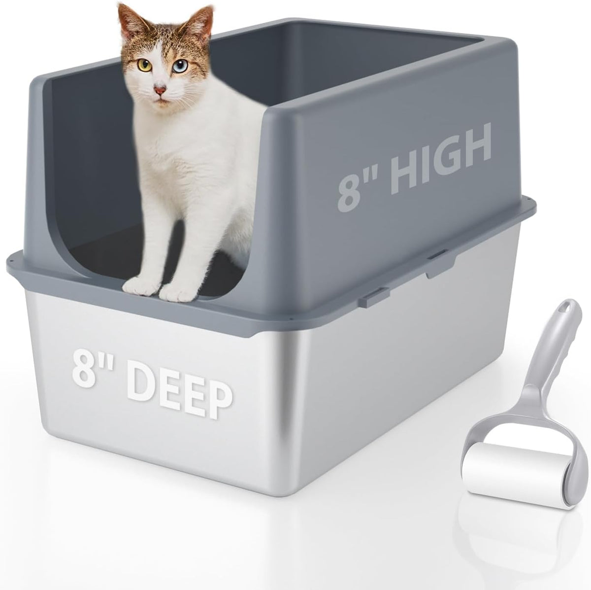 Large Stainless Steel Litter Box with Lid, High Sides, 16" Metal Cat Litter Box, Extra Large Litter