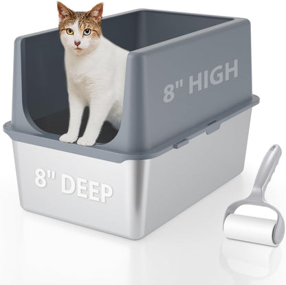 Large Stainless Steel Litter Box with Lid, High Sides, 16" Metal Cat Litter Box, Extra Large Litter