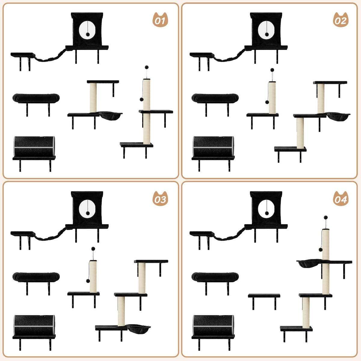 NUNU LAB 7-in-1 Wall Mounted Cat Climber Set, Cat Furniture with House, Tunnel, Bridge, Steps