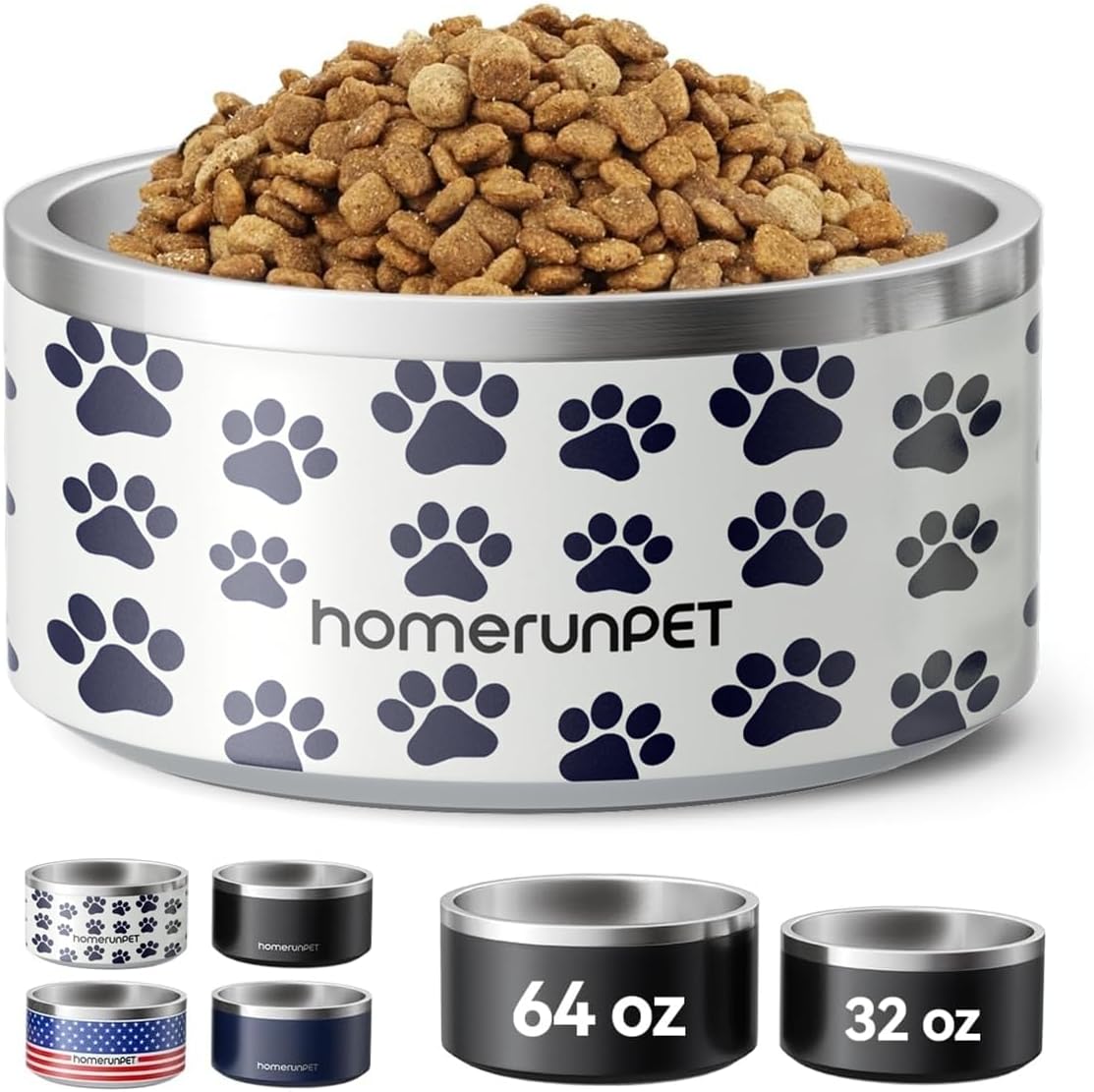 Dog Bowl, HomeRunPet Dog Food Water Bowl with Non-Slip Rubber Base, Metal Insulated Stainless Steel