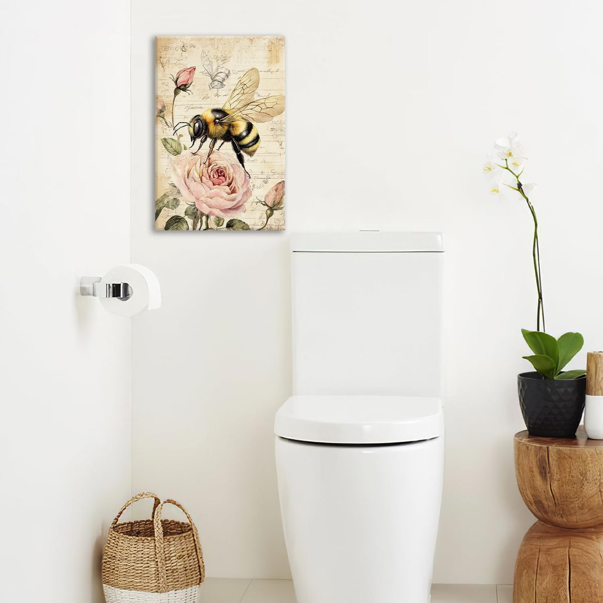 Rustic Bee Bathroom Pictures Wall Art, Vintage Floral Bathroom Wall Decor, Pink Rose Flower Framed