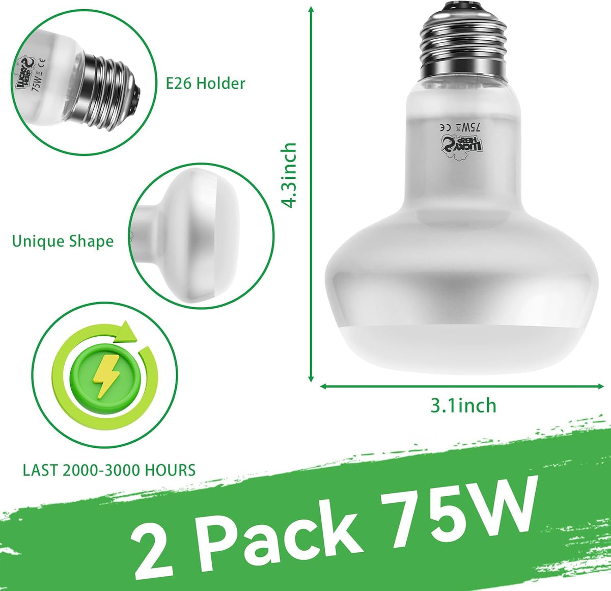 LUCKY HERP Intense Heat Lamp Bulbs for Reptiles 75W 2 Pack, UVA Daylight Reptile Heat Lamp, Reptile
