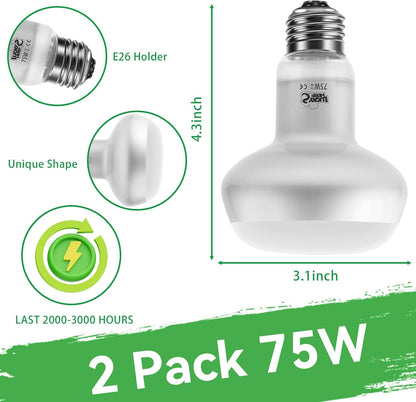 LUCKY HERP Intense Heat Lamp Bulbs for Reptiles 75W 2 Pack, UVA Daylight Reptile Heat Lamp, Reptile