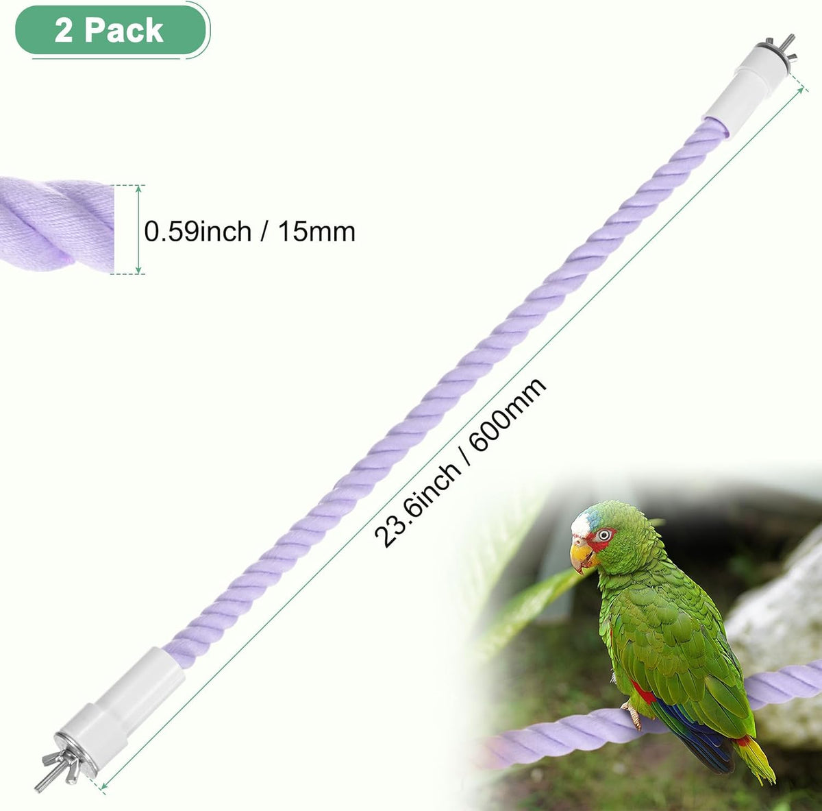 2-Pack Rope Perches for Bird Cages, 23.6 in Length Comfort Grip Flexible Rope Perch Beak & Paw