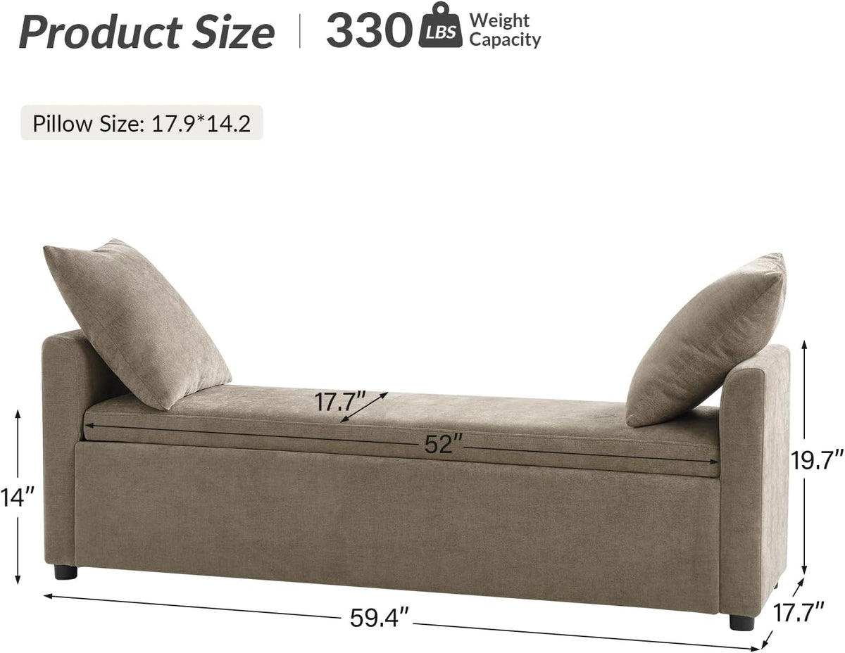 HULALA HOME Modern Storage Bench with Throw Pillows, 59.4" Extra Long Bedroom Ottoman Bench for End
