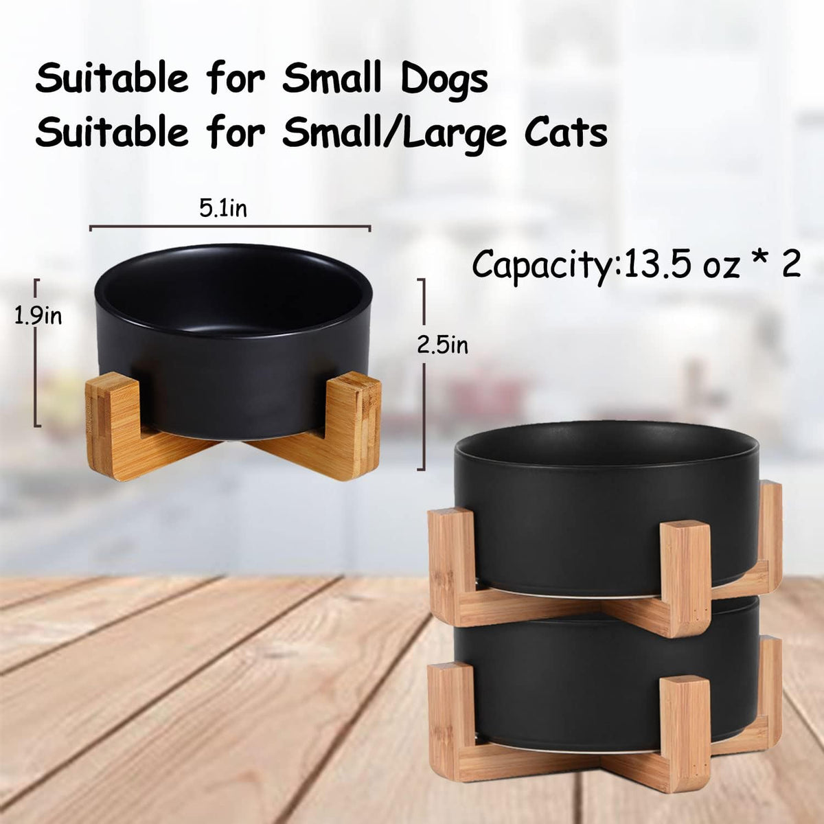 Petygooing Ceramic Black Cat Dog Bowl Set with Stand,Small Dog Bowls, Pet Food and Water Dish, Anti