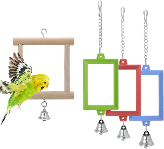 4 PCS Bird Mirror with Bell Parrot Hanging Interactive Playing Toy for Cockatiel Parakeets Canaries