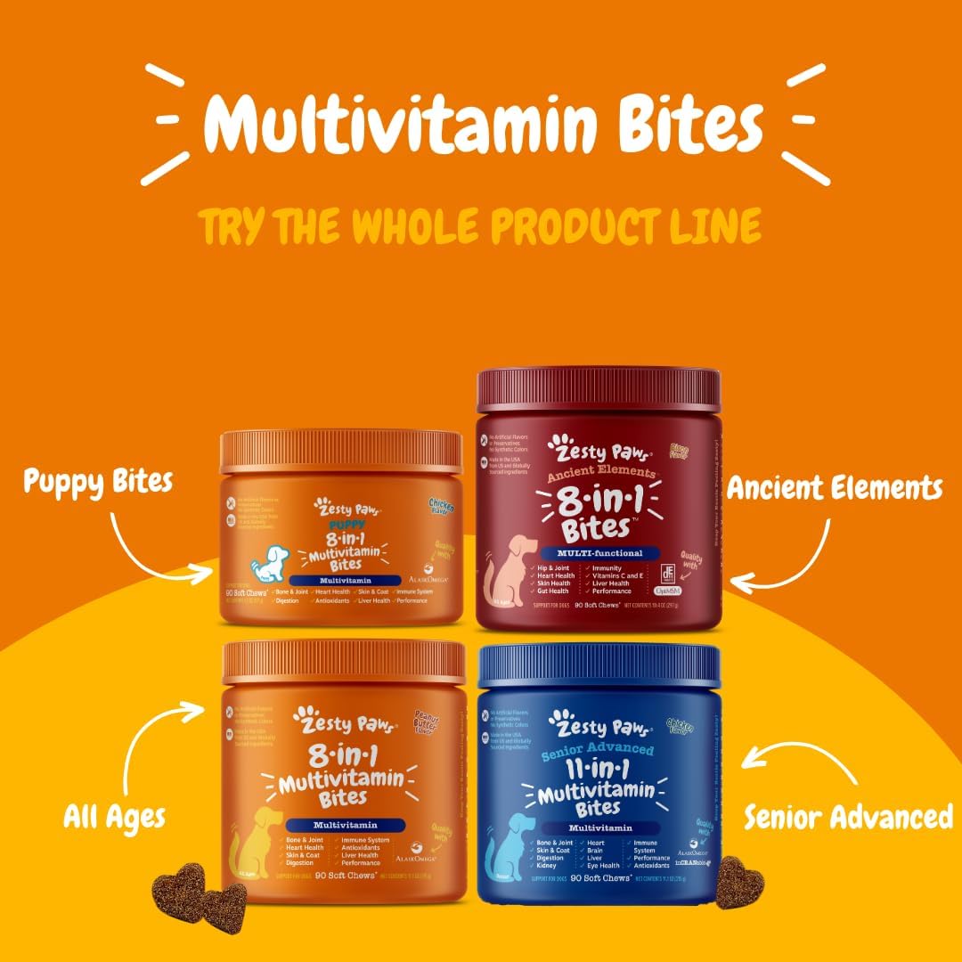Zesty Paws Dog Multivitamin, Chewable Dog Vitamins and Supplements for Hip & Joints, Skin & Coat