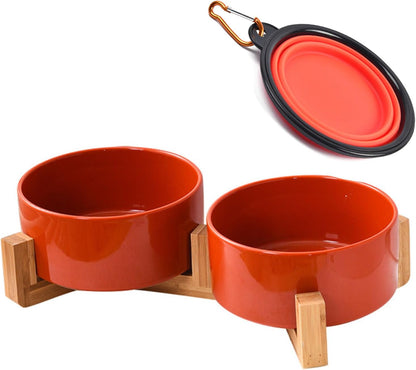 Petygooing Dog Bowls,Ceramic Cat Dog Bowl Set with Wood Stand for Food and Water,Non-Slip Cute