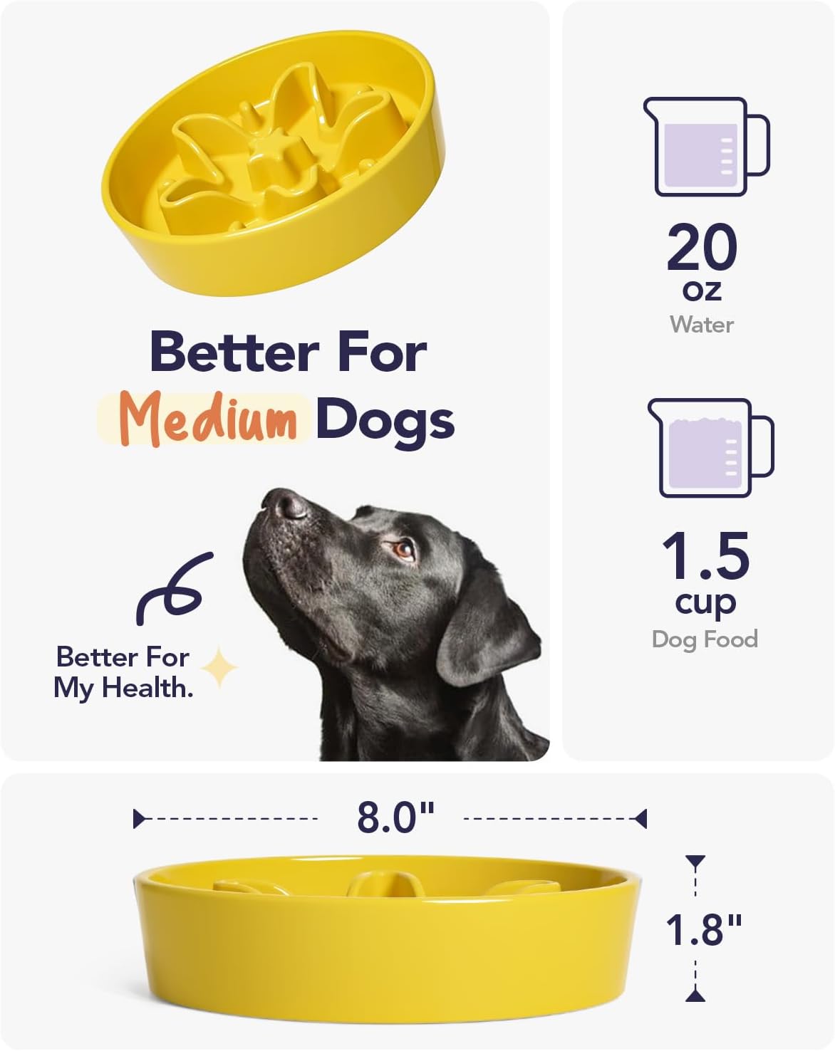 LE TAUCI Slow Feeder Dog Bowls Ceramic, 1.5 Cups Dog Food Bowl, Puppy Slow Feeder Dish for Fast