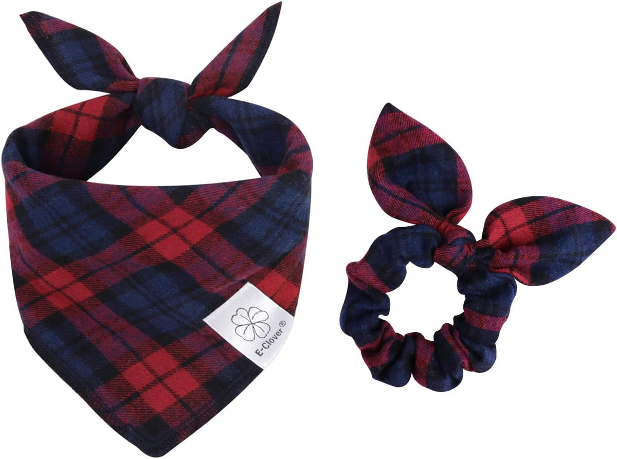 E-Clover Dog Bandanas & Matching Scrunchie Set Plaid Dog Scarf Bibs Pet Handkerchief for Small Dogs