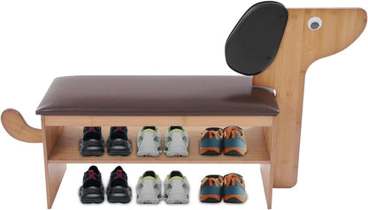 Cute Dog Shoe Bench with Cushion, 51.6”L x 11.8”W Puppy Shoe Storage Bench Dark Brown 2-Tire Bamboo