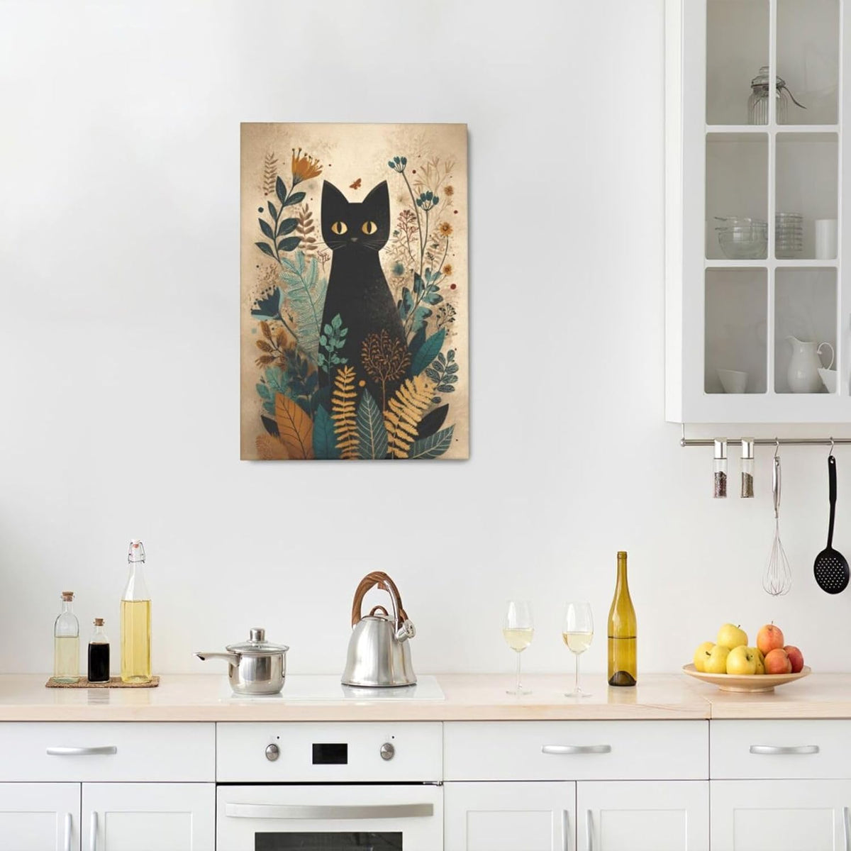 Boho Black Cat Wall Art Kitten Botanical Wall Decor Mid Century Modern Canvas Painting Print
