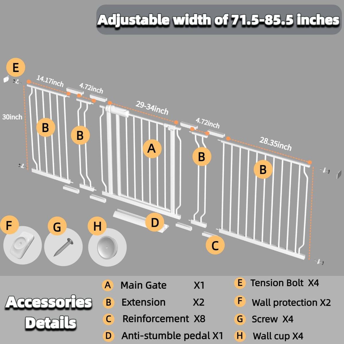 TSAYAWA Baby Gate Extra Wide Fits 71.5-85.8 inch Wide Opening - Dog Pet Gates for Doorways Stairs