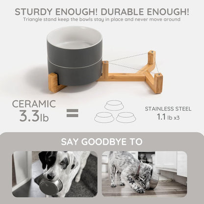 SPUNKYJUNKY Ceramic Dog and Cat Bowl Set with Wooden Stand, Modern Cute Weighted Food Water Set for