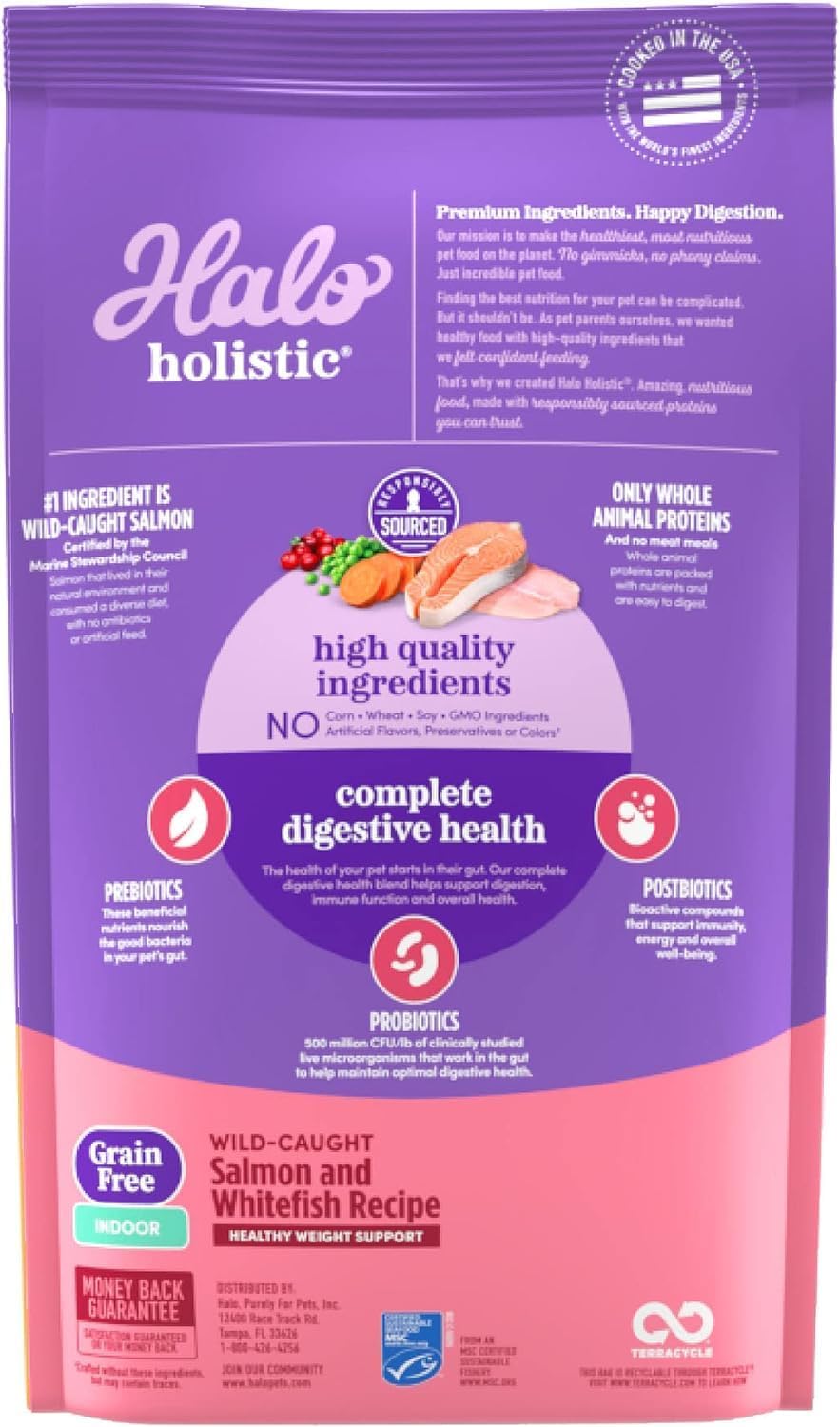 Halo Holistic Cat Food Wild Caught Salmon & Whitefish Formula, Grain Free Dry Cat Food, For Healthy