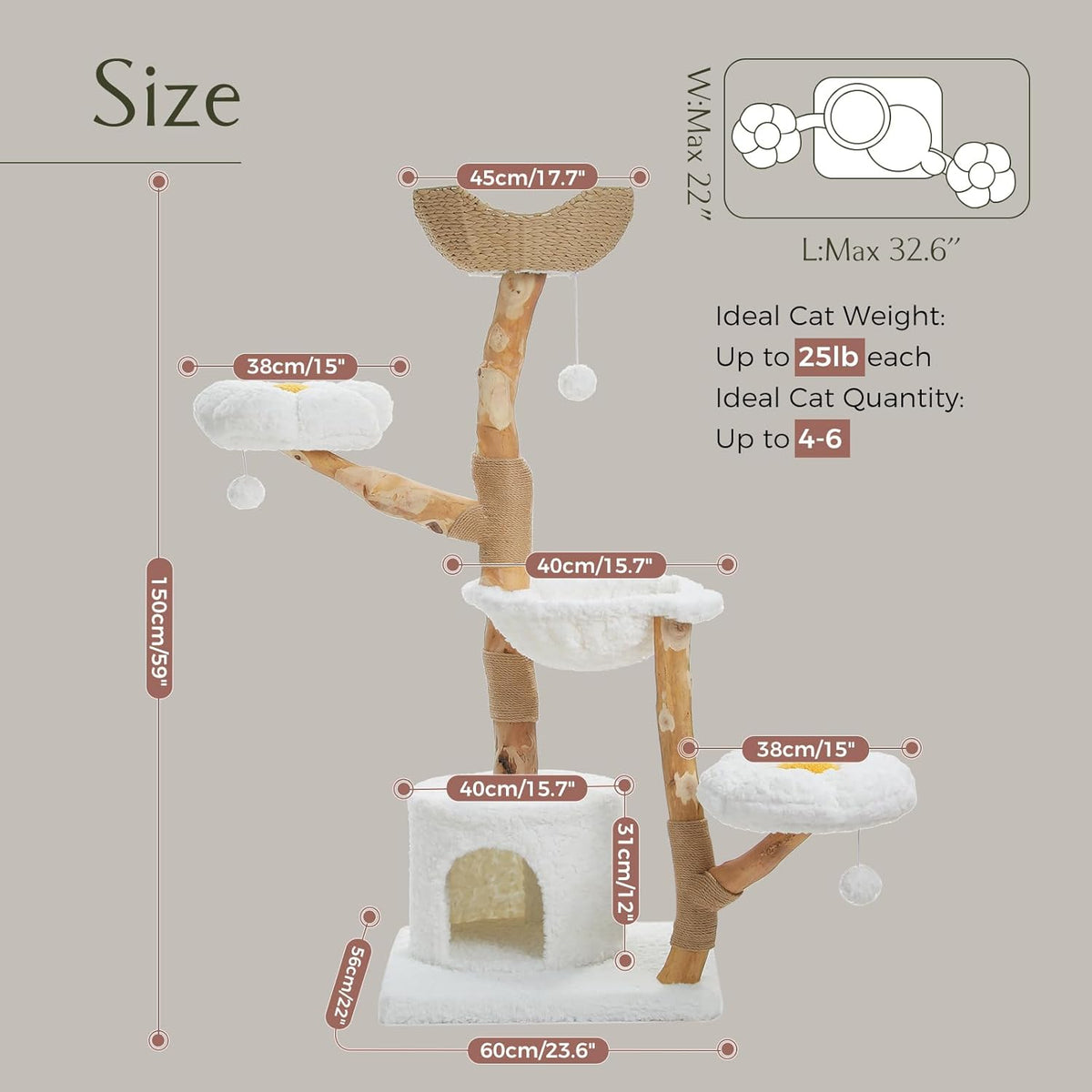 PAWZ Road Cat Tree for Indoor Cats Large Adults, 59 Inches Modern Cat Tower with Large Basket and