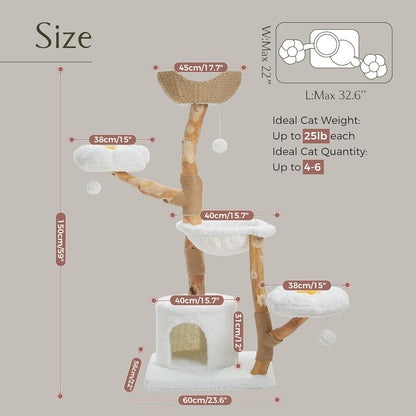 PAWZ Road Cat Tree for Indoor Cats Large Adults, 59 Inches Modern Cat Tower with Large Basket and