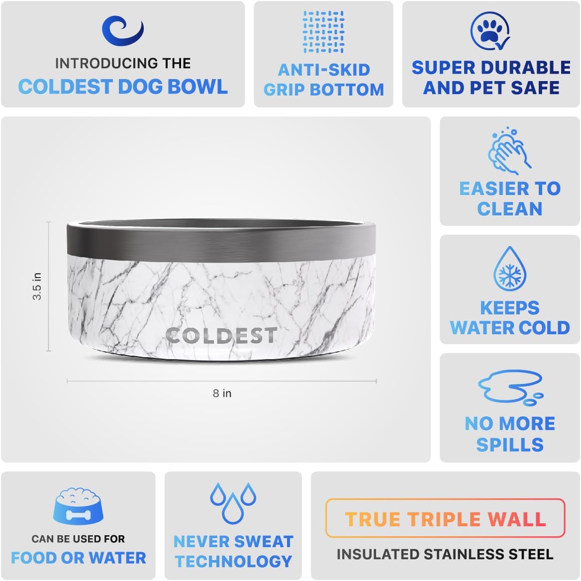 Coldest Dog Bowl - Anti Rust Metal, Non Slip, 3 Layers Insulated Stainless Steel Dog Bowls - Spill