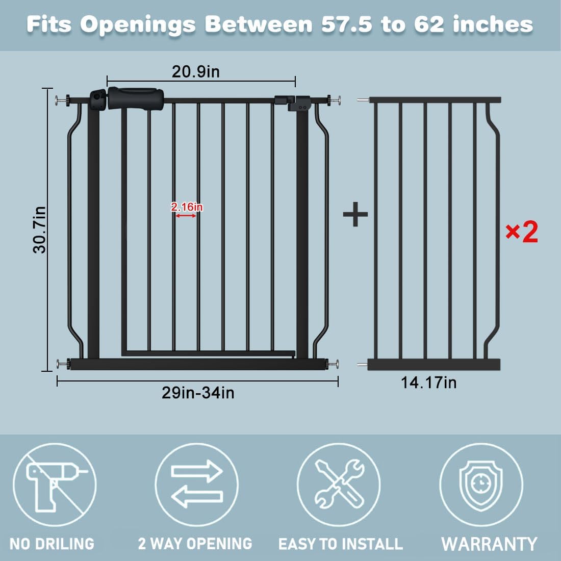 Extra Wide Baby Gate 57.5-62 Inch Black Walk THR Dog Gates Doorways House No Drill Pressure Mounted