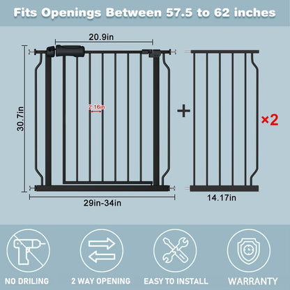 Extra Wide Baby Gate 57.5-62 Inch Black Walk THR Dog Gates Doorways House No Drill Pressure Mounted