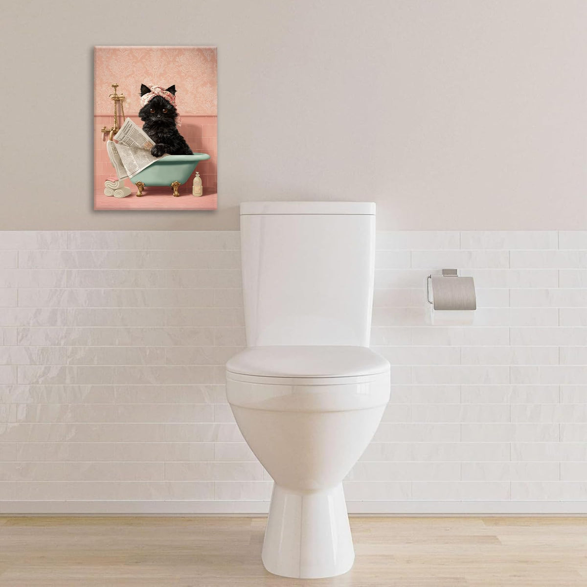 Cat Bathroom Wall Decor Black Cat Reading Newspaper in Bathtub Canvas Wall Art Funny Bathroom