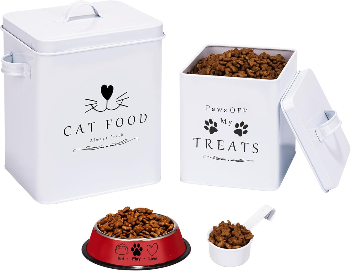 Meraki Home Farmhouse Cat Food and Treats Containers + Feed Scoop + Pet Food Bowl - Tight Lids