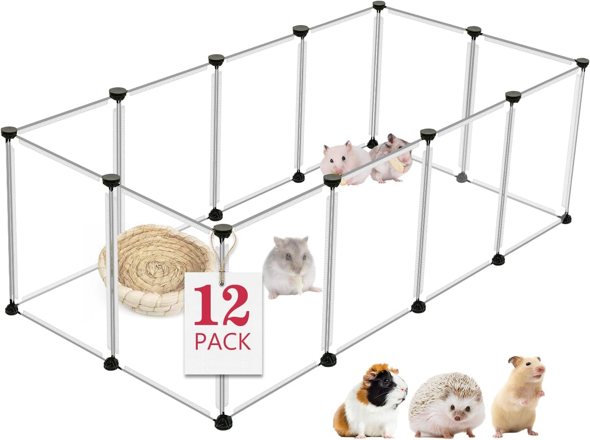 12 Panels Transparent Small Animals Playpen,48" x 24" x 16" Portable Pet Playpen,Plastic