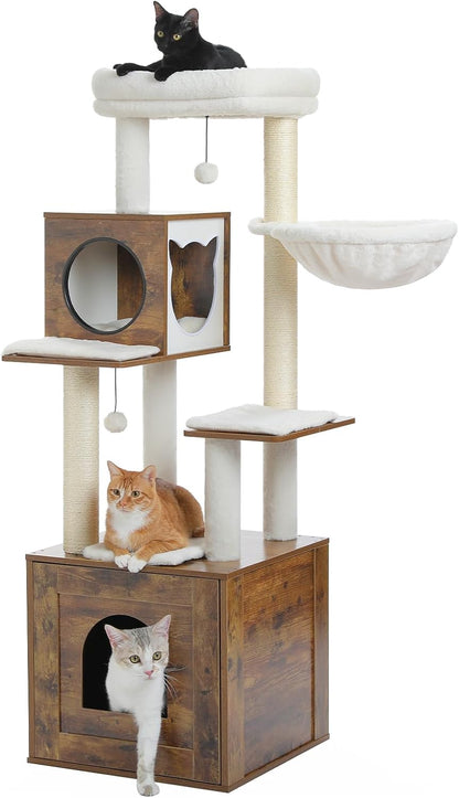 Tall Cat Tree with Litter Box Enclosure 57.5" Wooden Cat Tower for Large Cats with Cat Hammock