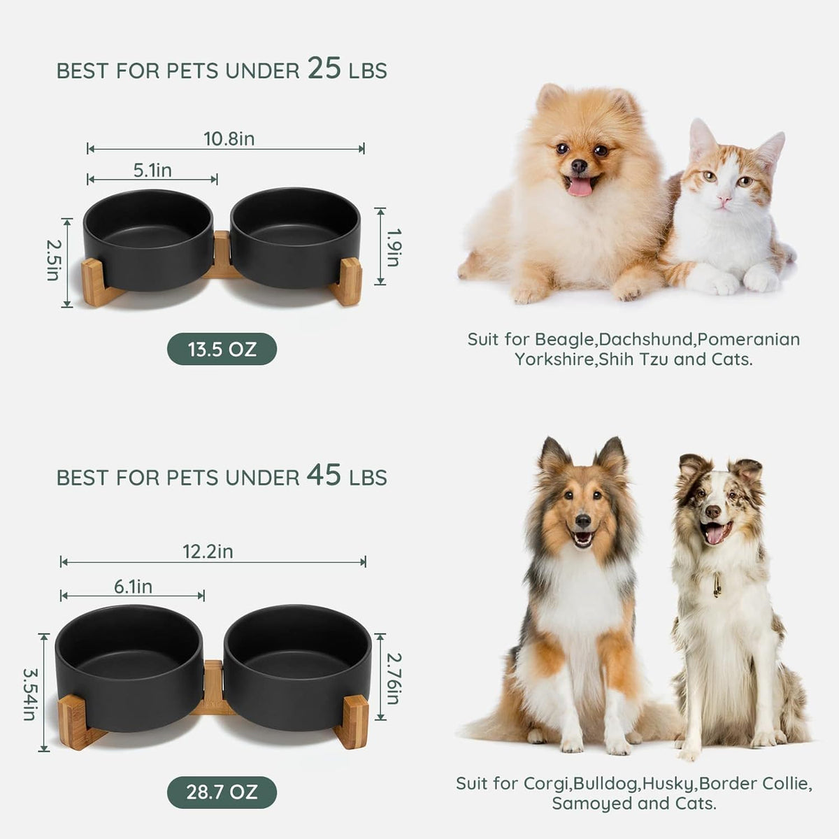 SPUNKYJUNKY Ceramic Dog and Cat Bowl Set with Wooden Stand, Modern Cute Weighted Food Water Set for