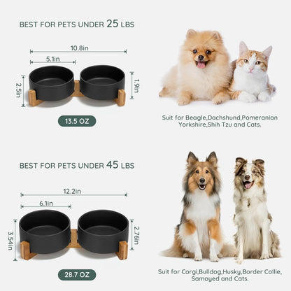 SPUNKYJUNKY Ceramic Dog and Cat Bowl Set with Wooden Stand, Modern Cute Weighted Food Water Set for