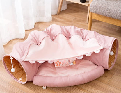 2 in 1 Cat Tunnel Bed Tube with Cushion and Plush Ball Toy Playground Crinkle Collapsible for Large