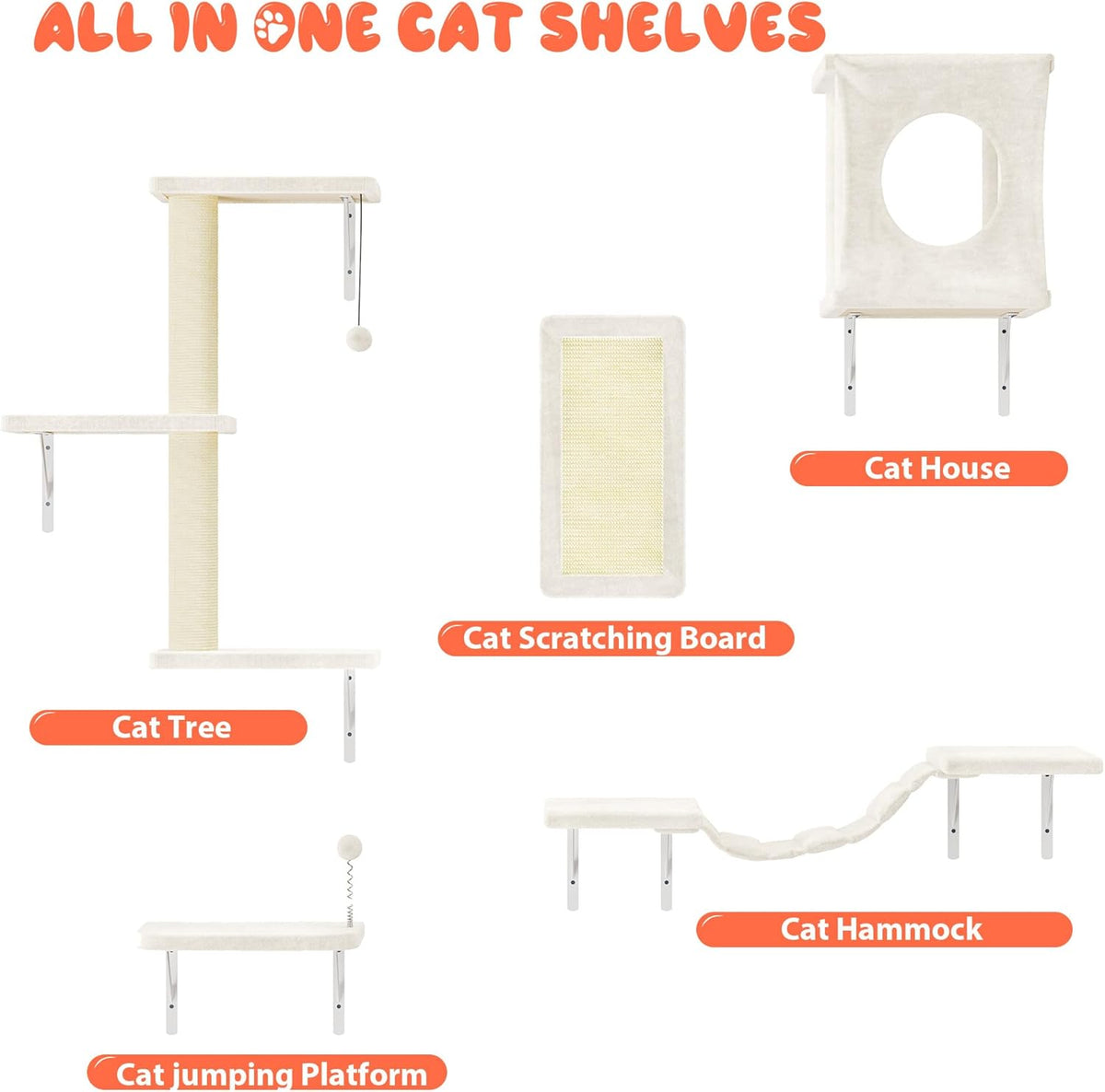 NUNU LAB Wall Mounted Cat Furniture, 5 Pcs Cat Wall Shelves with House, Bridge, Steps, Scratching