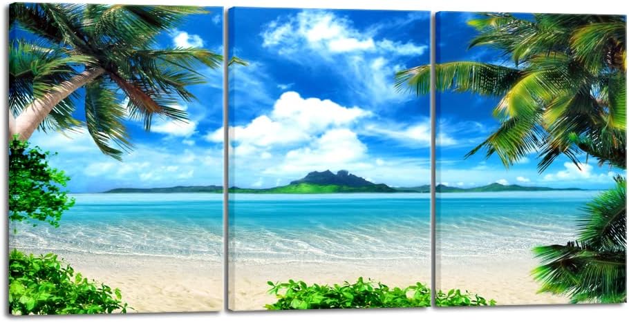 Wieco Art 3 Piece Blue Sea Beach Canvas Prints Modern Stretched Wall Art Seascape Pictures