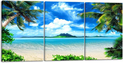 Wieco Art 3 Piece Blue Sea Beach Canvas Prints Modern Stretched Wall Art Seascape Pictures