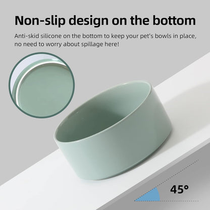 Ceramic 5.1inch Raised Double Bowls Set with Wooden Stand, Elevated Food & Water Bowls for Small