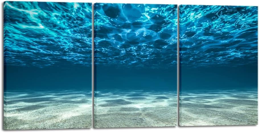 Wieco Art 3 Piece Blue Ocean Bottom Canvas Wall Art for Living Room Beach for Bedroom Wall Decor