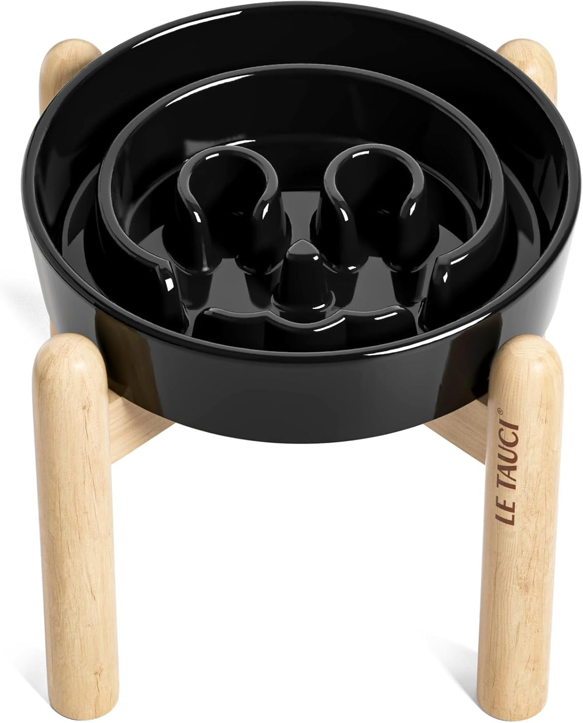 LE TAUCI Ceramic Slow Feeder Dog Bowls Elevated, 3 Cup Raised Bowl with Wooden Stand for Medium