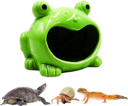 Reptile Tank Accessories – Ceramic Cartoon Frog Hideout with Open-Mouth Entrance, Cute Habitat