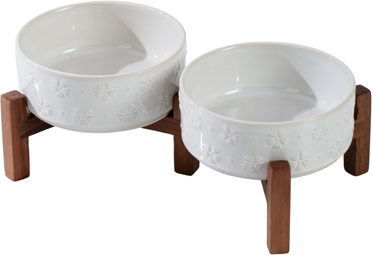 Ceramic 5.1inch Raised Double Bowls Set with Acacia Wood Stand, 2 Heights Elevated, Food & Water