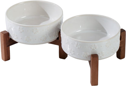 Ceramic 5.1inch Raised Double Bowls Set with Acacia Wood Stand, 2 Heights Elevated, Food & Water
