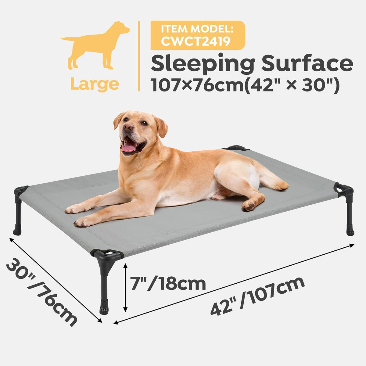 Veehoo Raised Dog Bed - Cooling Elevated Pet Cot with Mesh, No-Slip, Durable for Large Dogs, 42" x