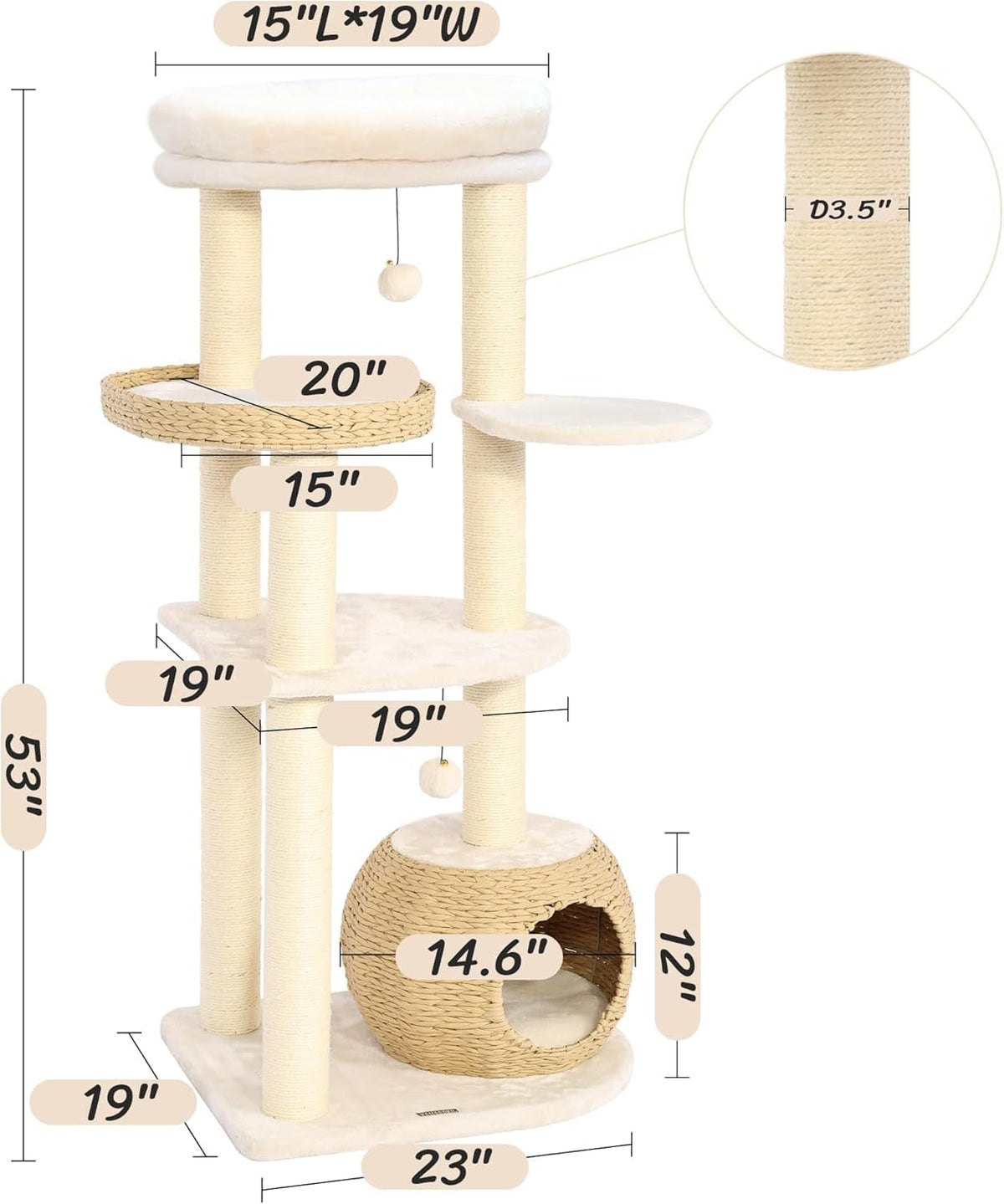 KAMABOKO Modern Cat Tree, 53" Cat Tower for Indoor Cats Natural Sisal Scratching Posts, Hand-Woven
