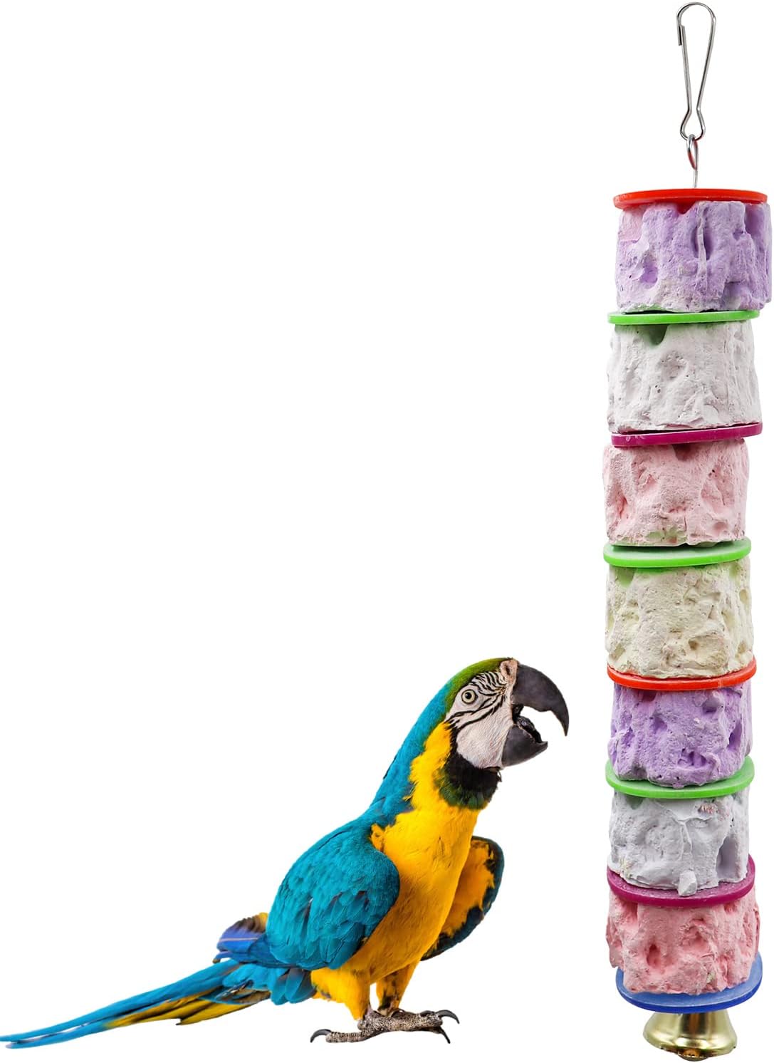 Large Bird Chewing Toy, Colorful Parrot Beak Grinding Calcium Stone with Bells, Bird Cage
