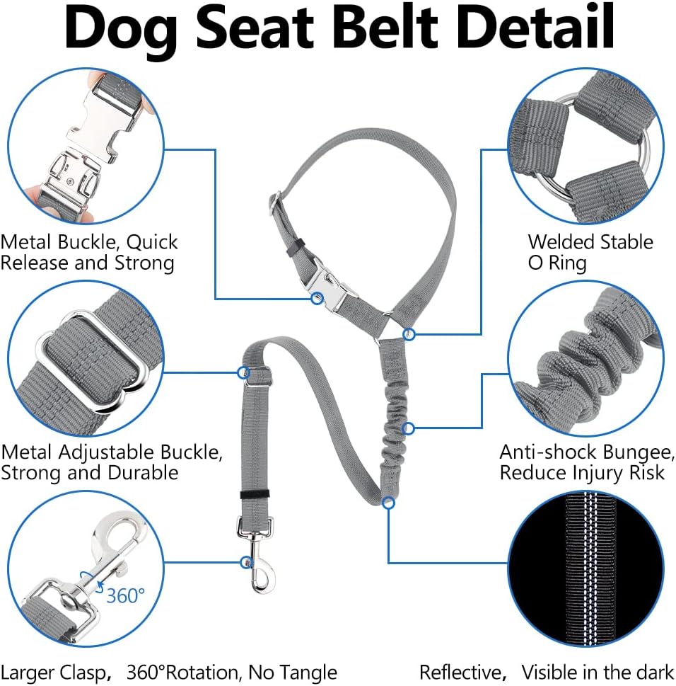 Plutus Pet Dog Seat Belt for Car Headrest, Reflective and Adjustable Restraint with Elastic Bungee