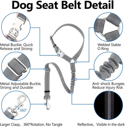 Plutus Pet Dog Seat Belt for Car Headrest, Reflective and Adjustable Restraint with Elastic Bungee