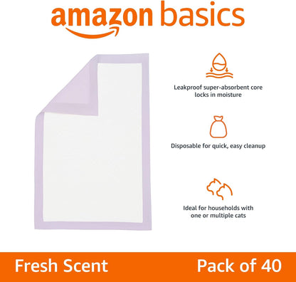 Amazon Basics Cat Litters Pee Pads, 40 Count, Universal Fit for Litter Box, Odor Control with Fresh