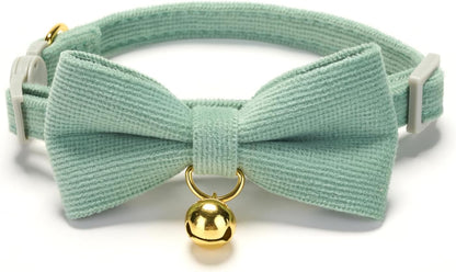 2 Pack Soft Corduroy Cat Collars with Bow Tie & Bell, Adjustable Breakaway Cotton Kitty Bowtie